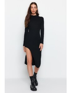 Trendyol Black Ribbed Deep Slit Detailed Fitted Midi Stretch Knit Dress