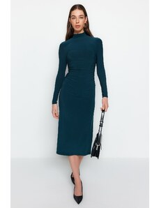 Trendyol Emerald Green Draping Detail Stand Up A-Line Flexible Midi Knit Dress