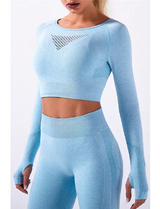 OEM Bluza pentru sport fitness cu maneci lungi, fara cusaturi, sustinere medie, Confort Fit, Albastru