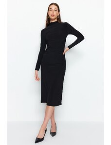 Trendyol Black Draped Detailed Stand Up A-Line Flexible Midi Knit Dress
