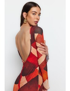 Rochie maxi texturată specială cu imprimeu multicolor Trendyol, prevăzută cu detaliu în spate, rochie tricotată flexibilă