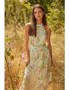 Rochie țesută Trendyol Ecru cu centură A-line midi țesută cu model floral căptușit