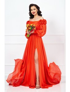 Rochie lunga de lux Mireya orange cu fronseuri si flori 3D InPuff