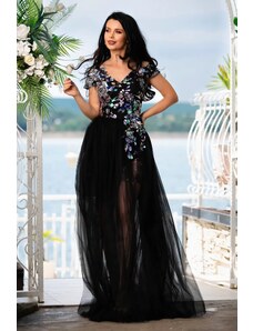 Rochie de seara neagra cu prindere tip corset si model din paiete InPuff