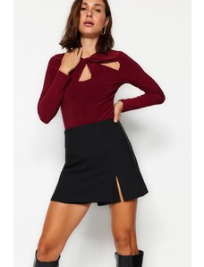 Trendyol Burgundy Cut Out and Gathered Detail Fitted Bodysuit with Flexible Snaps Knitted Body