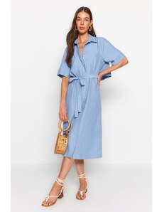 Trendyol Blue Belted Midi țesute spate detaliu cămașă rochie țesută
