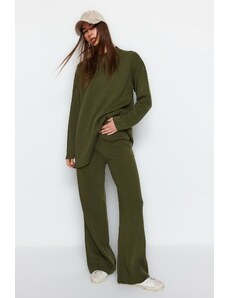 Trendyol Oil Green, Wide fit, Basic Trousers and Knitwear Top and bottom Set
