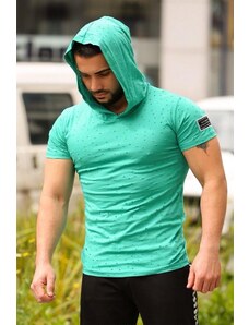 Madmext Ripped Detailed Green Hooded T-Shirt 3069