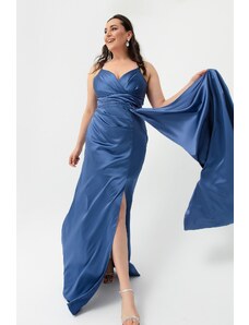 Lafaba Women's Indigo Plus Size Long Satin Evening Dress &; Prom Dress