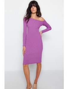 Rochie midi Trendyol Purple cu nervuri pe umăr/elegantă, flexibilă din tricot