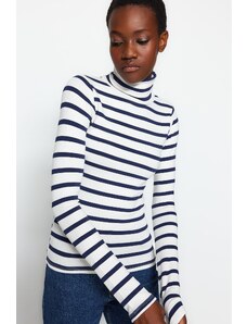 Trendyol Navy Blue Premium Soft Fabric Turtleneck Fitted/Situated Stripe Tricotted Bluza