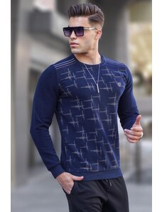 Madmext Navy Blue Patterned Crewneck Knitwear Sweater 5968