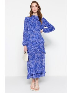 Fusta florala Trendyol Blue cu rochie tesuta din sifon captusita