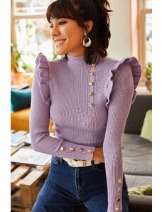 Olalook femei liliac Frilled Button detaliu talie tricotaje pulover