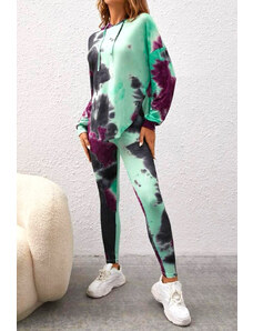 FashionForYou Compleu sport Fussion, cu imprimeu pastel, colanti si bluza lunga cu gluga, Verde (Marime: S)