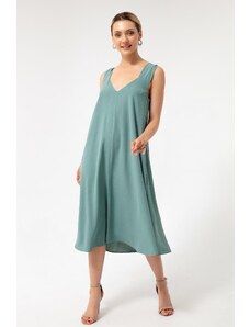 Lafaba Women's Mint Green evazat croiala Midi Linen Dress