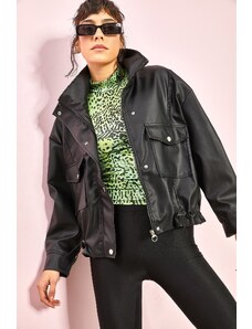 Jachetă de piele dublă cu buzunar mare pentru femei Bianco Lucci