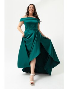 Rochie de seara din satin si rochie de bal Lafaba pentru femei Verde Smarald Plus Size si Rochie de bal cu guler barca