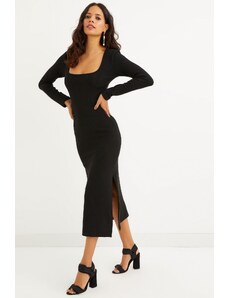 Cool &; Sexy femei Black Square Collar Double Slit Midi Dress