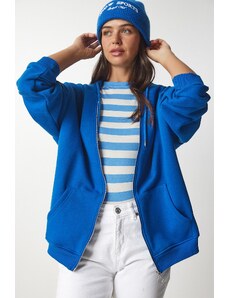Happiness İstanbul Women's Blue Hooded Zipper Oversize Sweatshirt