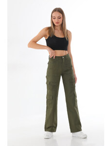 BİKELİFE Femei Kaki High Waist Multi Pocket Straight Fit Cargo Pants