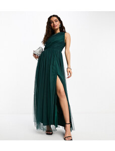 Anaya Petite Bridesmaid tulle one shoulder maxi dress in emerald-Green