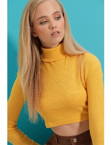 Trend Alaçatı Stili femei muștar turtleneck corduroy de bază crop body bluză