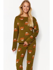 Trendyol Khaki 100% Cotton Teddy Bear Patterned T-shirt-Jogger Knitted Pajamas Set