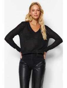 Trendyol Black V-Neck Linen Look Long Sleeve Regular Fit Knitted Blouse