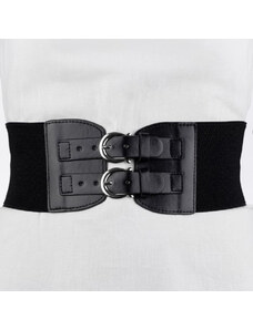 Shopika Centura corset lata din piele ecologica cu doua catarame argintii in fata si elastic la spate
