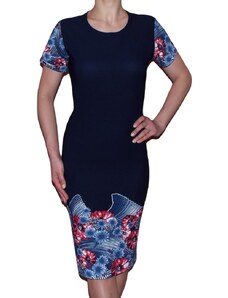 Rochie de zi bleumarin cu imprimeu floral si maneca scurta- Sara S