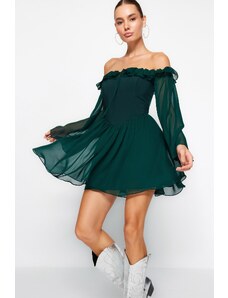 Trendyol verde smarald talie deschisă / patinator căptușit flounce șifon rochie elegantă de seară