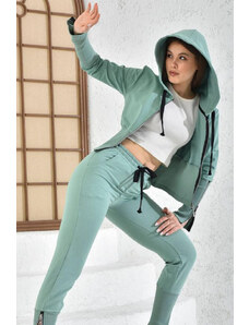 FashionForYou Trening Yuki, cu pantaloni si bluza accesorizate cu fermoare, Verde (Marime: S)