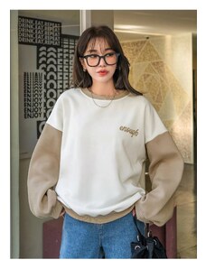 Know Women's White Enough Printed Beige Sleeve Detail Oversize Sweatshirt