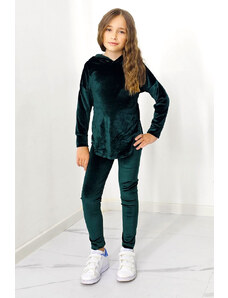 FashionForYou Compleu casual, Zoya Kids, din catifea, cu pantaloni slim si bluza cu gluga, Verde (Marime: 5/6 ani)