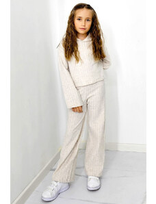 FashionForYou Compleu tetra Scarlett Kids, cu bluza large, gluga si pantaloni lejeri, Crem (Marime: 3-4 Ani)