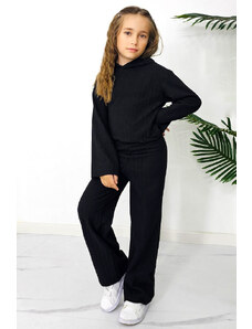 FashionForYou Compleu tetra Scarlett Kids, cu bluza large, gluga si pantaloni lejeri, Negru (Marime: 5/6 ani)