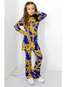 FashionForYou Compleu casual, Agathea Kids, pantaloni tetra evazati si bluza lunga asimetrica, Blue Chain (Marime: 3-4 Ani)