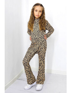 FashionForYou Compleu casual, Agathea Kids, pantaloni tetra evazati si bluza lunga asimetrica, Leopard (Marime: 5/6 ani)