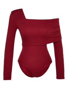 Trendyol Burgundy Asymmetric Collar Detailed Draped Fitted/Situated Crepe/Textured Knitted Bodysuit