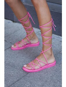 Madamra Women's Fuchsia Lace-up Wrap Puffy Sandals
