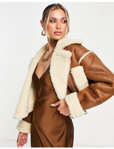 Aria Cove faux suede shearling cropped aviator jacket in tan-Neutral