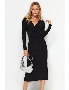 Trendyol Black V-Neck Shirring Detailed Bodycone/Flexible Fitted Midi Knit Dress