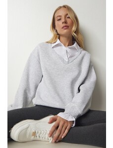 Happiness İstanbul Women's Gray Shirt Detailed Knitted Sweatshirt