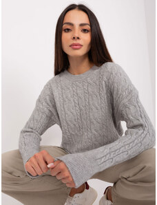 Fashionhunters Grey sweater with cables and round neckline