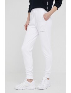 Armani Exchange Pantaloni femei, culoarea alb, material neted