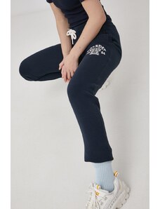 Superdry Pantaloni femei, culoarea albastru marin, cu imprimeu