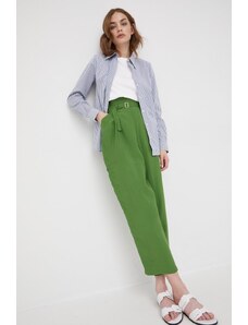 Sisley pantaloni femei, culoarea verde, drept, high waist