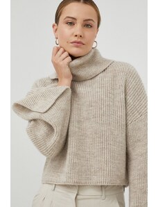 Herskind pulover de lana femei, culoarea bej, călduros, cu guler