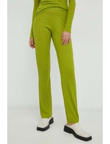 Résumé pantaloni de lana femei, culoarea verde, drept, high waist